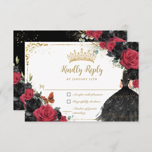 Zwart Rood Bloemen Goud Princess Gown Quinceañera RSVP Kaartje (Voorkant / Achterkant)