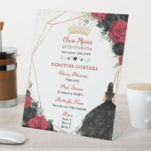 Zwart Rood Bloemen Goud Quinceañera Cocktails Menu Reclamebord Met Voetstuk (Insitu)