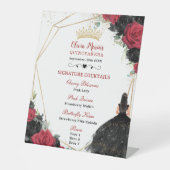 Zwart Rood Bloemen Goud Quinceañera Cocktails Menu Reclamebord Met Voetstuk (Voorkant)