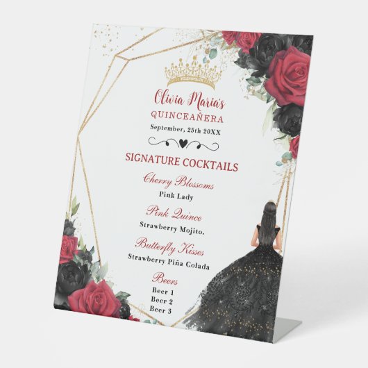 Zwart Rood Bloemen Goud Quinceañera Cocktails Menu Reclamebord Met Voetstuk (Voorkant)