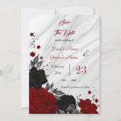 Zwart rood bloemen grijs bladeren marmer save the date (Voorkant)