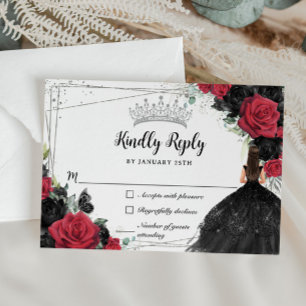 Zwart Rood Bloemen Zilver Prinses Gown Quinceañera RSVP Kaartje