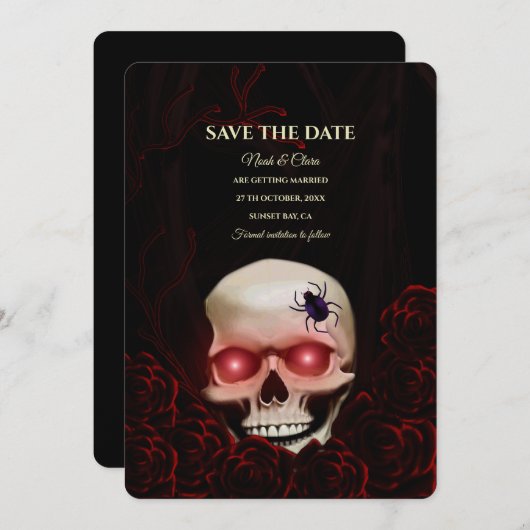 Zwart rood bloemendonker humeurig gothic schedel h save the date (Voorkant / Achterkant)