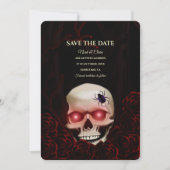 Zwart rood bloemendonker humeurig gothic schedel h save the date (Voorkant)
