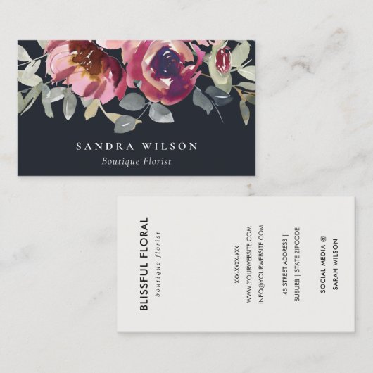 ZWART ROOD BLUSH BOURGOGNE ROOS WATERVERF BLOEMEN VISITEKAARTJE (Voorkant / Achterkant)