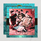 ZWART ROOD BLUW FIETS TROUWEN DAMAST MONOGRAM KAART (Voorkant / Achterkant)