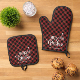 Zwart Rood Boerderij Kerst Tartan Plaid Custom Ovenwant & Pannenlap Set