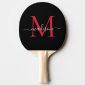 Zwart Rood Bourgogne Monogram Elegant Script Naam Tafeltennisbatje (Achterkant)