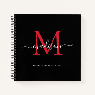 Zwart Rood Bourgogne Monogram Initiaal Script Naam Notitieboek