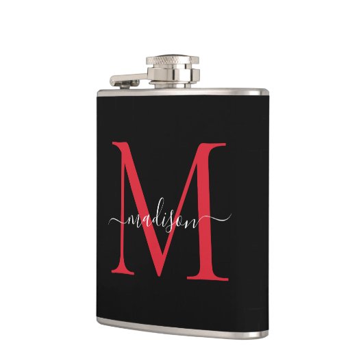 Zwart Rood Bourgogne Monogram Stijlvol Script Naam Heupfles (Links)