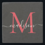 Zwart Rood Bourgogne Monogram Vrouwelijk Script Na Stenen Onderzetter<br><div class="desc">Elegant zwart rood bordeauxrood Maroon Monogram Vrouwelijk Script Naam Stone Onderzetter</div>