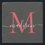 Zwart Rood Bourgogne Monogram Vrouwelijk Script Na Stenen Onderzetter<br><div class="desc">Elegant zwart rood bordeauxrood Maroon Monogram Vrouwelijk Script Naam Stone Onderzetter</div>