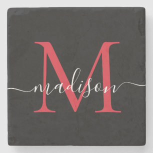 Zwart Rood Bourgogne Monogram Vrouwelijk Script Na Stenen Onderzetter