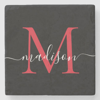 Zwart Rood Bourgogne Monogram Vrouwelijk Script Na Stenen Onderzetter