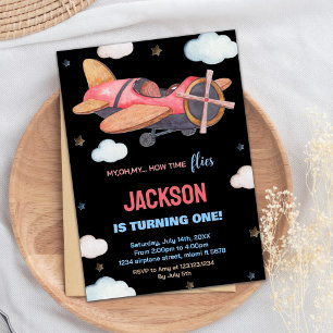 Zwart Rood Bruin Vliegtuig Verjaardag Uitnodiginge Kaart