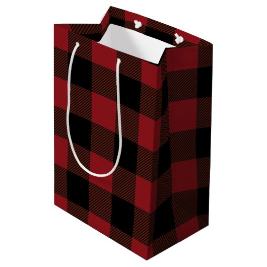 Zwart Rood Buffel Plaid Patroon Medium Cadeauzakje (Achterkant Gekanteld)