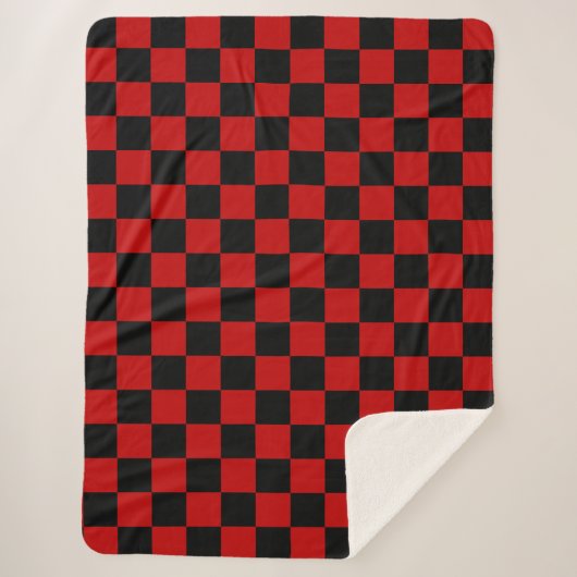 Zwart + Rood Check Checkerboard Patroon Sherpa Deken (Voorkant)