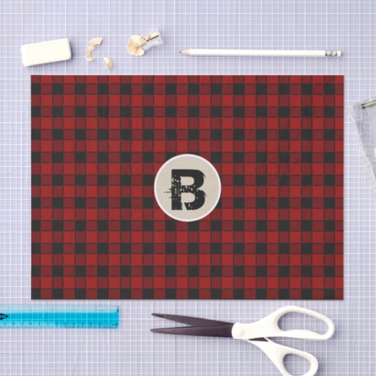 Zwart & Rood Checker Grunge Monogram Initiaal Tissuepapier (Craft)