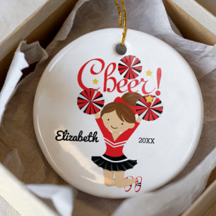 Zwart & Rood Cheer Brunette Cheerleader Ornament