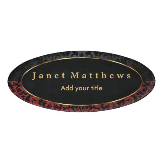 Zwart-rood Damascus met Gold Trim Design 2 Naambadge (Voorkant)