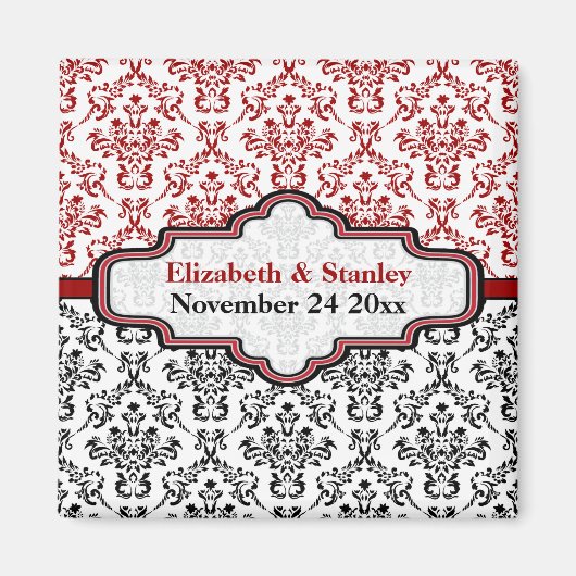 Zwart rood damask bruiloft Save the Date magneet (Voorkant)