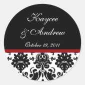 Zwart & Rood Damask Bruiloft Sticker (Voorkant)