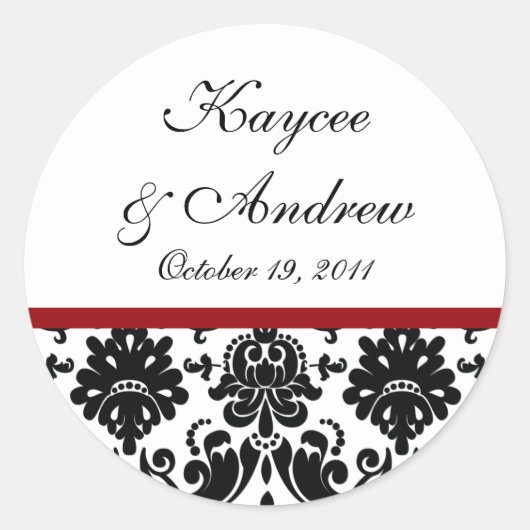 Zwart & Rood Damask Bruiloft Sticker (Voorkant)