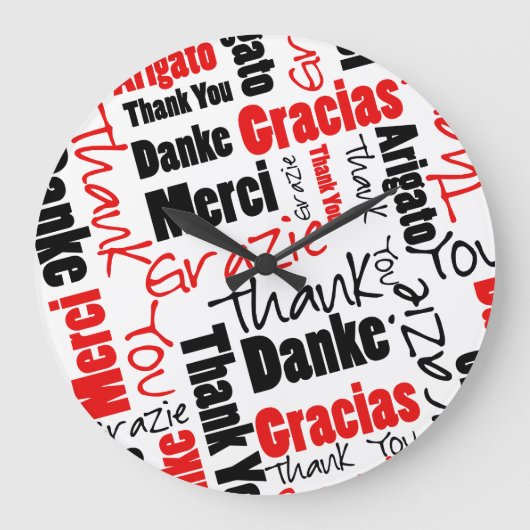 Zwart-rood Dank u Word Cloud Grote Klok (Voorkant)