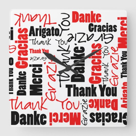 Zwart-rood Dank u Word Cloud Vierkante Klok (Voorkant)