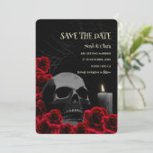 Zwart rood Donker Gotische Schedel en Rozen Hallow Save The Date (Staand voorkant)