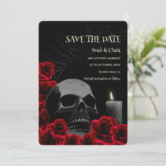Zwart rood Donker Gotische Schedel en Rozen Hallow Save The Date (Staand voorkant)