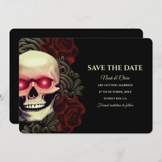 Zwart rood donker moody gothic schedel halloweddin save the date (Voorkant / Achterkant)