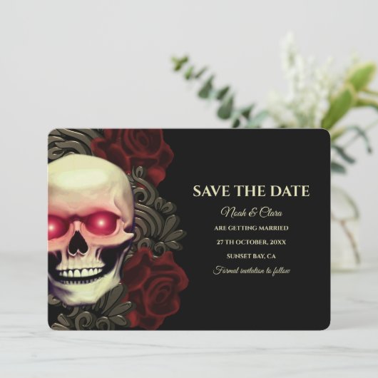 Zwart rood donker moody gothic schedel halloweddin save the date (Staand voorkant)
