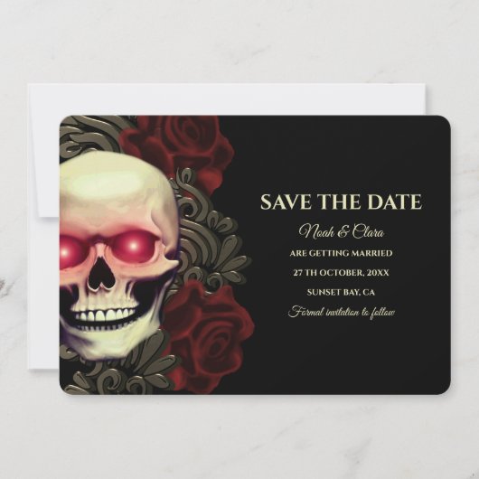 Zwart rood donker moody gothic schedel halloweddin save the date (Voorkant)