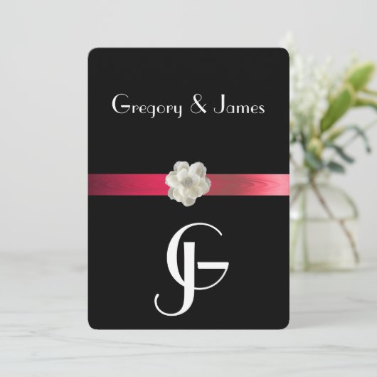 Zwart & Rood Elegant Gay/Lesbisch Bruiloft Uitnodi Kaart (Staand voorkant)