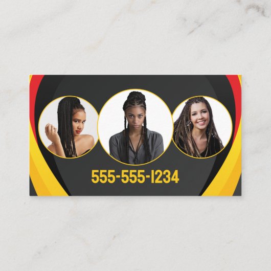 Zwart, Rood en Geel Haar Vlechten Fotosalon Visitekaartje (Achterkant)