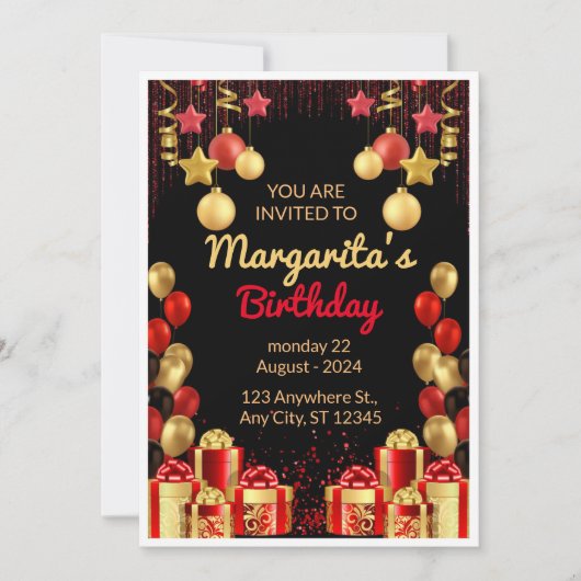 Zwart, Rood en Goud Elegante Verjaardagsfeestflyer Kaart (Voorkant)