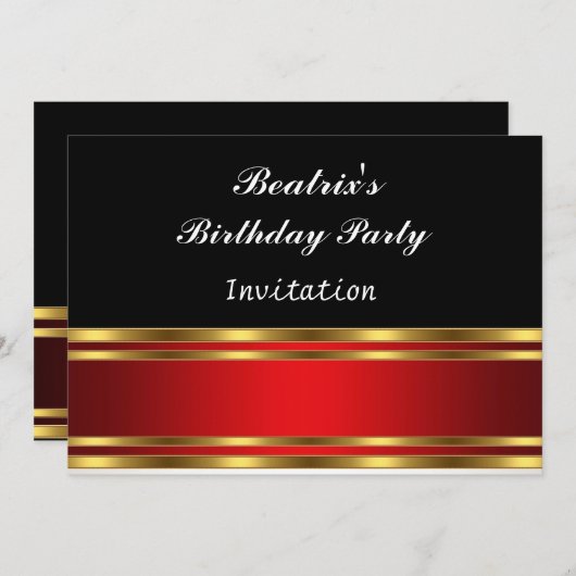 Zwart Rood en Goud Verjaardagsfeest Uitnodiging (Voorkant / Achterkant)