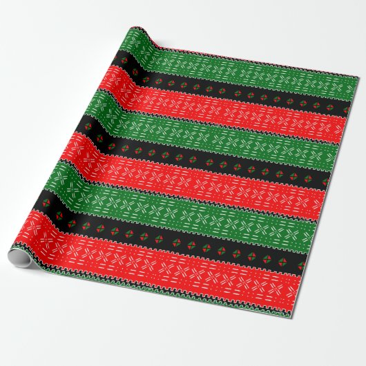 Zwart rood en groen modderdoek stampatroon cadeaupapier (Uitgerold)
