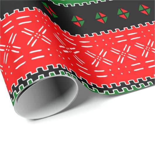 Zwart rood en groen modderdoek stampatroon cadeaupapier (Rol Hoek)
