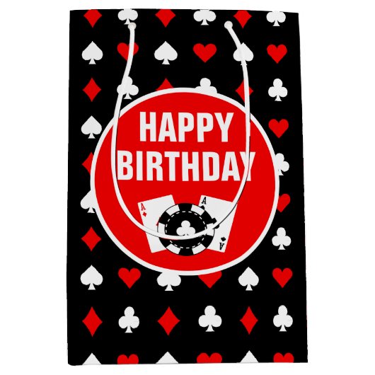 Zwart rood en wit casino-chips en -kaarten Gemidde Medium Cadeauzakje (Voorkant)