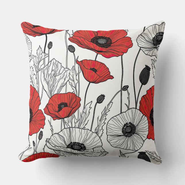 Zwart, rood en wit poppy abstract kussen (Voorkant)