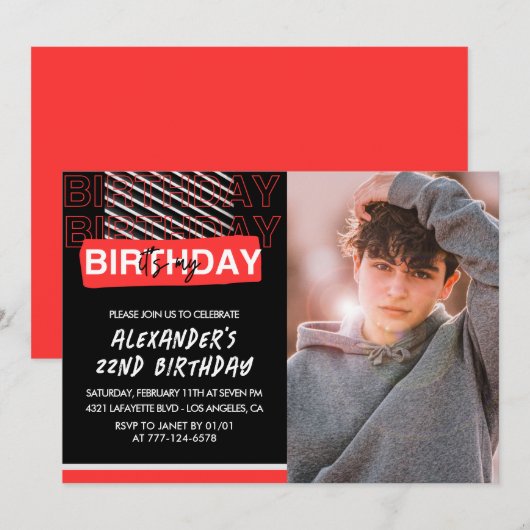 Zwart Rood Foto 22e verjaardag Uitnodigingen Manne (Voorkant / Achterkant)