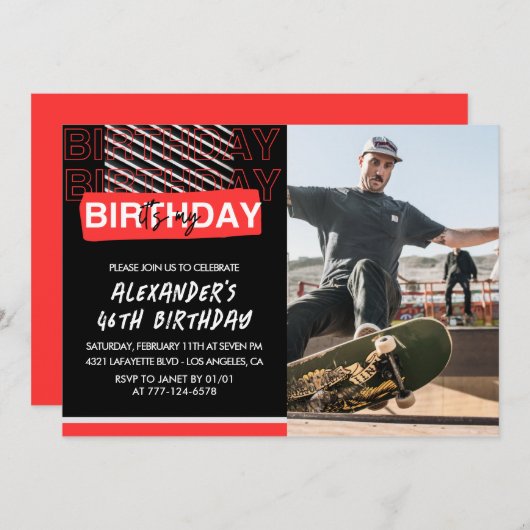 Zwart Rood Foto 46e verjaardag Uitnodigingen Manne (Voorkant / Achterkant)