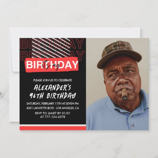 Zwart Rood Foto 96e verjaardag Uitnodigingen Manne (Voorkant)