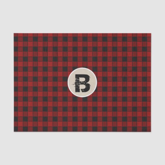 Zwart & rood geruit grunge-monograminitiaal tissuepapier (Voorkant)