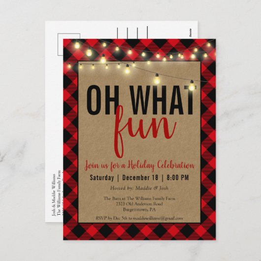 Zwart & rood geruit rustieke feestdagenfeest feestdagenkaart (Voorkant / Achterkant)