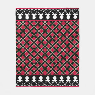 Zwart rood geruit & silhouetten van rendieren fleece deken