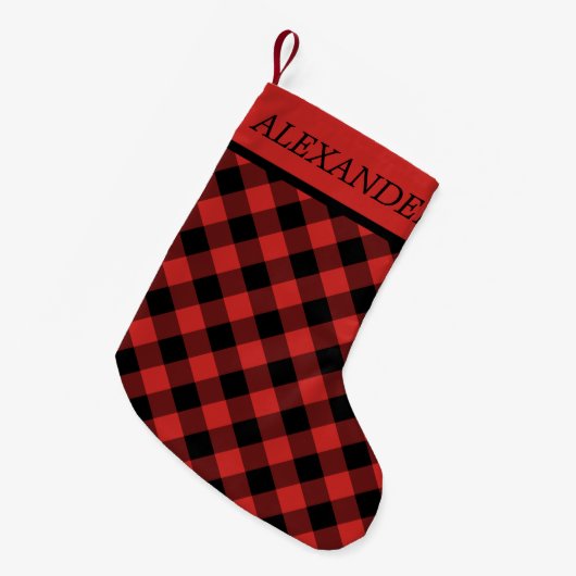 Zwart Rood Gingham Aangepaste Naam Kleine Kerstsok (Voorkant (Hangend))