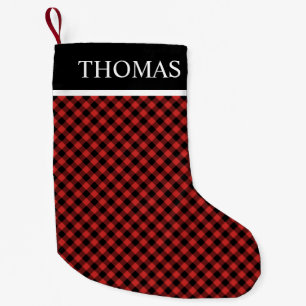 Zwart Rood Gingham Aangepaste Naam Kleine Kerstsok